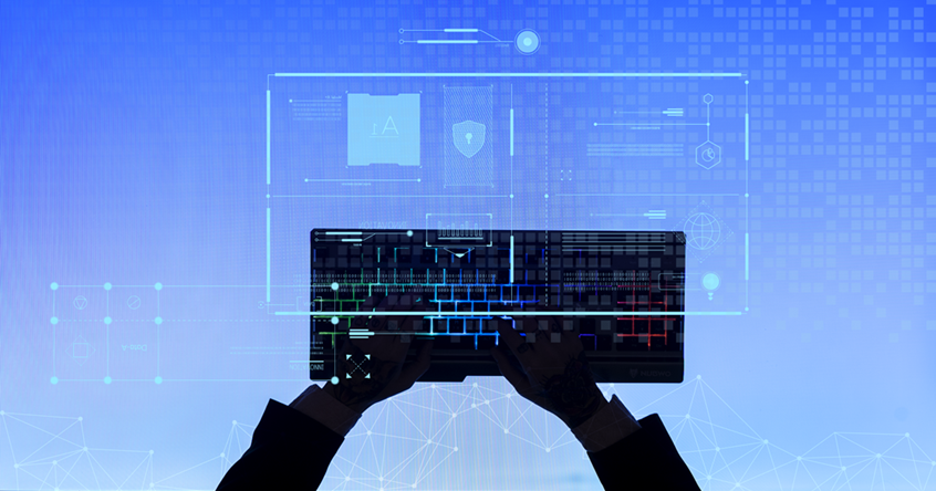 Technology illustration with hands typing on laptop